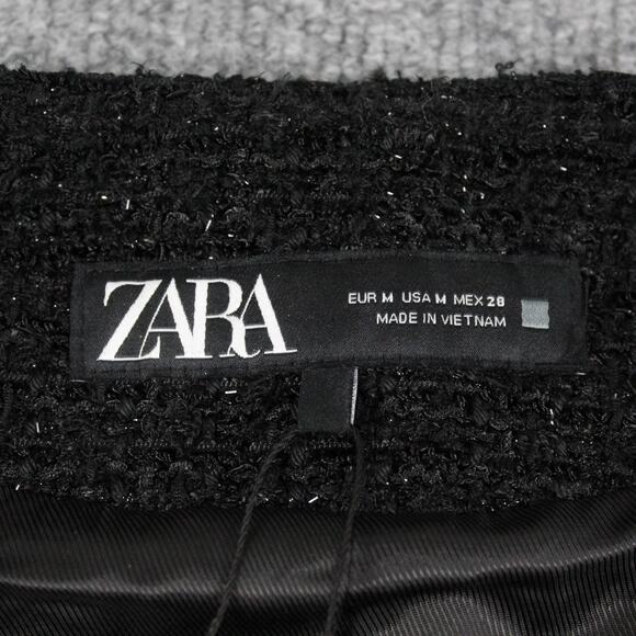 Zara Jacket Women Medium Metallic Thread Tweed Cropped Blazer Black Party Office - Picture 4 of 10